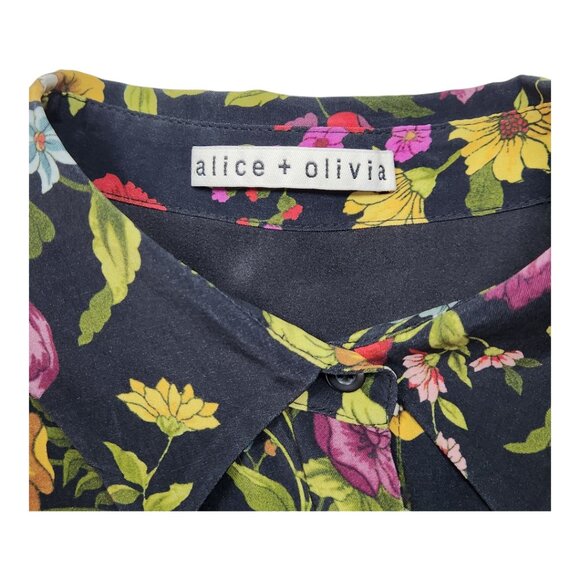Alice & Olivia Floral Shirt Dress Womens Medium M Black Ruffle Sleeve Work CC13D - Picture 4 of 11